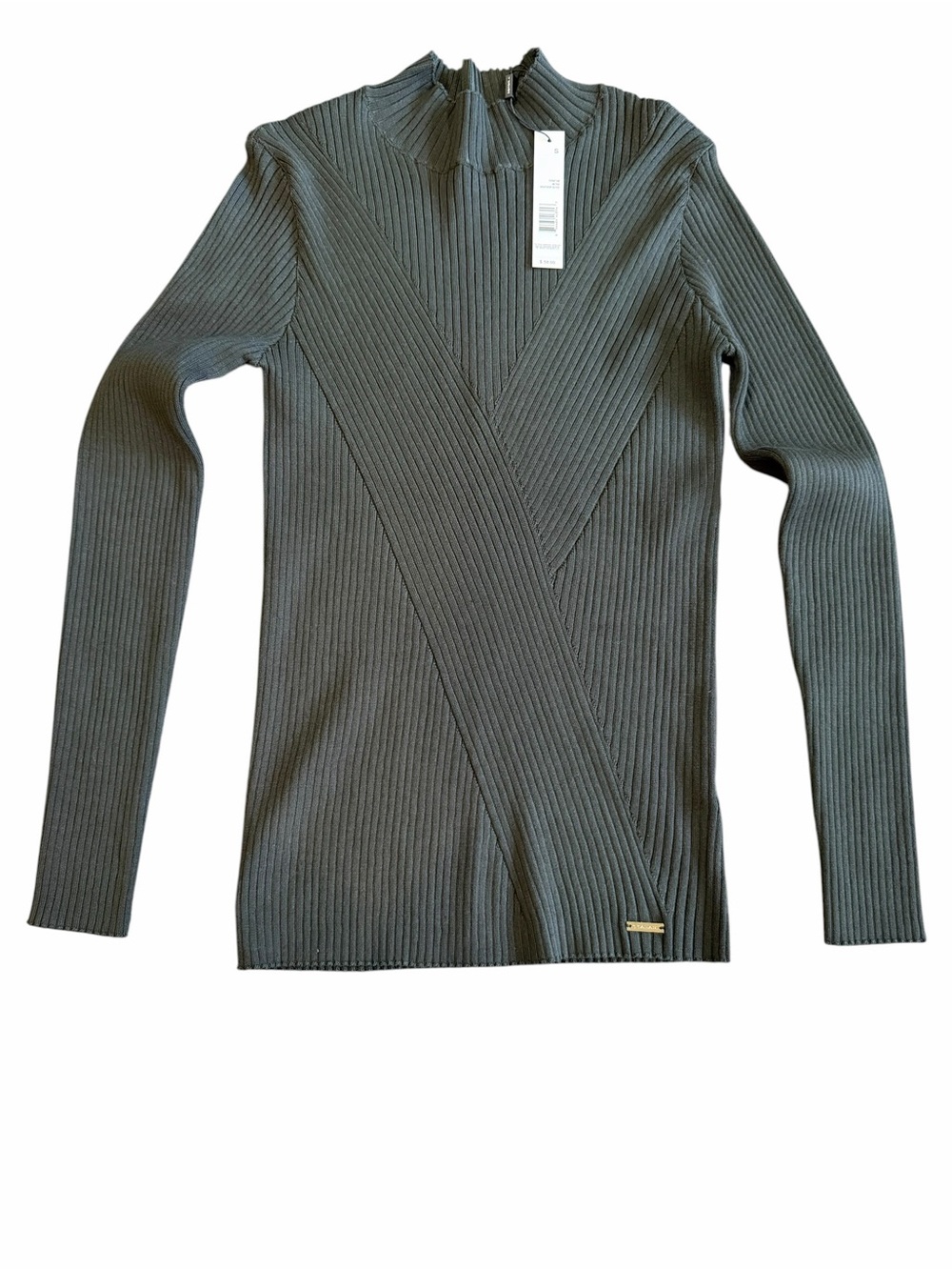 T Tahari NWT Heather Olive Ribbed Mock Neck Chevron Sweater Small